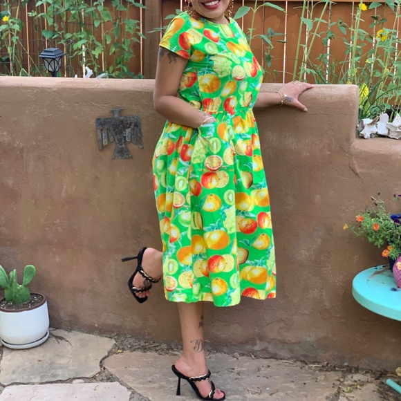 Vintage 1980s Tropical Fruit Green Dress Mod Farmers Market Chic M/L - Picture 6 of 9